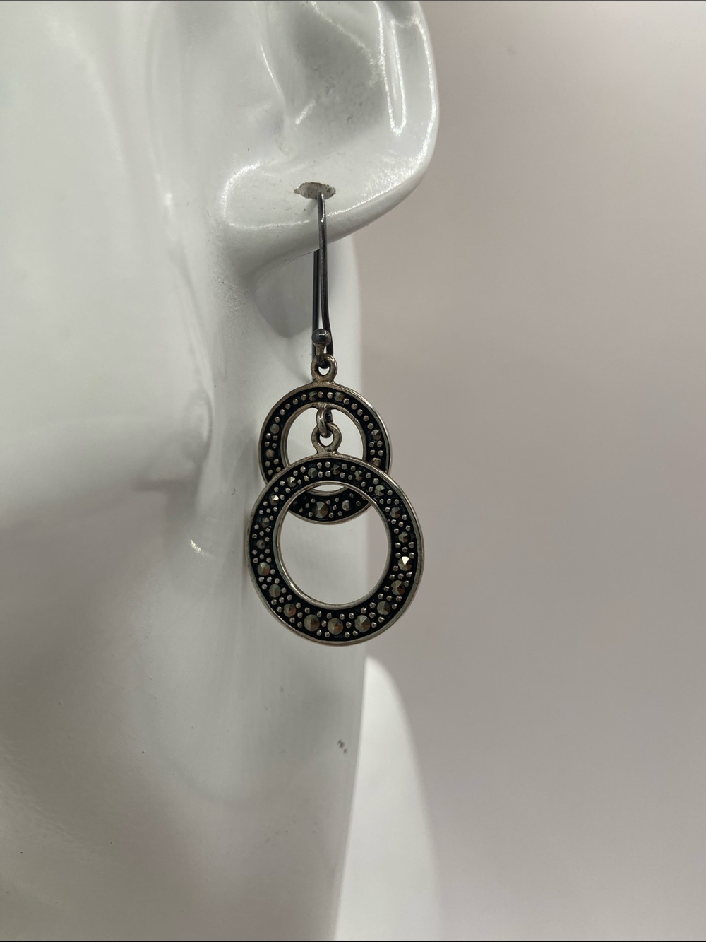 Suspicion Marcasite Sterling Silver 925 Double Hoop Dangle Earrings 2”L - Picture 5 of 9